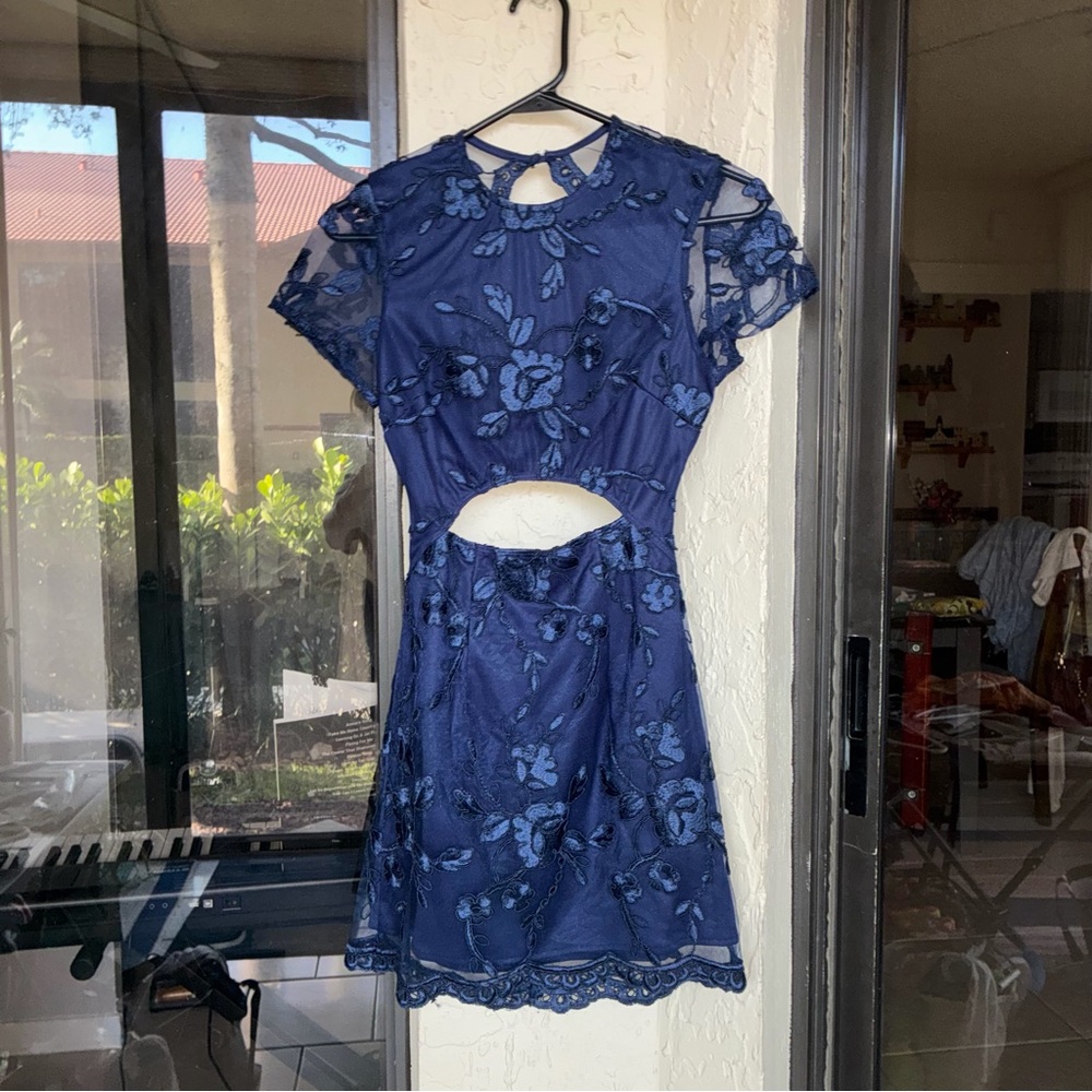 Lucy in the Sky Navy Floral Embroidered Mini Dress with Cutout Waist